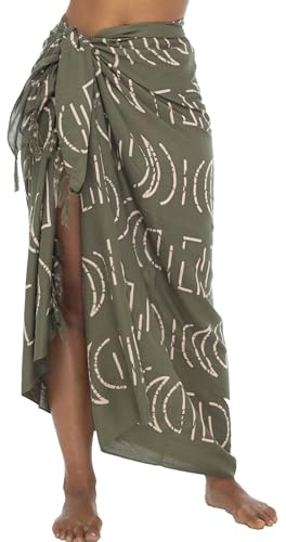 Back From Bali Womens Print Khaki Green Sarong Coverup Swimsuit Pareo with Boho Fringe & Coconut Clip - Wrap Skirt or Beach Shawl