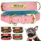 SEOUGEE Genuine Leather Dog Collar Personalised, Soft Padded Leather Dog Collars Heavy Duty with Custom Engraved Name Plate Adjustable for Small Medium Large Dogs (XS, Pink 18-27cm)