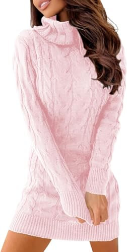 Ebifin Robe en tricot pour femme - Col roulé - Pull élégant - Robe pull - Robe d'hiver stretch, Rose, M