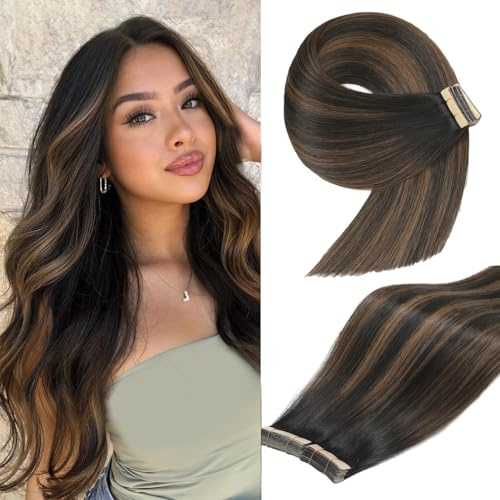 YDDM Tape Extensions Echthaar Goldbraun 40pcs 60cm 100g Natürliches Schwarz mit Chestnut Braun Remy Tape Extensions Echthaar Ombre Schwarz-Blond Tapes Ins Balayage Haarverlängerung(24Zoll,1B/1B/6#)