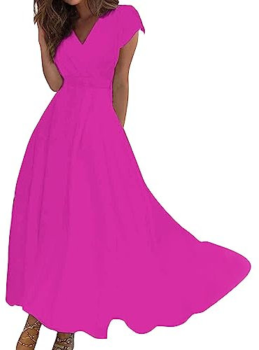 Vetement Femme Ete, Robe Femme Ete Mi Longue Boheme Vetement Chic Manche Courte Robes Femmes D Été Robe Champetre Femmepas Cher De Ceremonie Femme Moulante Blanche (1-Chaud Rose,XL)