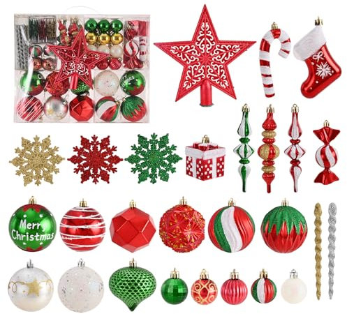 Livole 113 Stück Weihnachtskugeln, Multicolor Weihnachtskugeln Kunststoff Weihnachtsdeko Kugeln Set, Weihnachtsbaum Tisch Deko, Weihnachtsbaumkugeln für Weihnachten und Party Dekoration