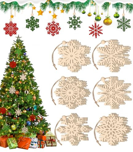 Zofory 30 Stück Schneeflocke Weihnachtsbaumschmuck Holz, 6 Designs Holzanhänger Weihnachten mit Hanfseil, DIY Christbaumschmuck Holz Anhänger weihnachten, Baumschmuck Weihnachten, Weihnachtsbasteln