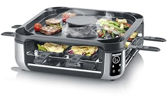 SEVERIN SEVENTO Raclette-Grill mit integriertem Umluft-Filter: weniger Rauch & Gerüche, Digital-Display, 8 Pfännchen & 8 Spatel, kratzfeste ILAG-Beschichtung, bis zu 230°C, 1900 W, schwarz, RG 2350