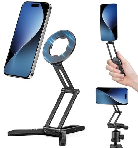 Treppiede magnetico tascabile per telefono, treppiede pieghevole con foro per vite da 1/4, supporto per smartphone compatibile con iPhone serie 16/15/14/13/12, mini treppiede per video, vlog, viaggi