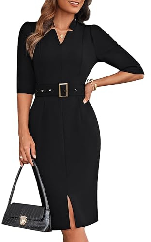 Office Dresses V Neck 3/4 Sleeve Black Dress Church Dresses for Women Elegant Midi Pencil Dress L