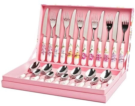 24 PCS Besteckset Aus Edelstahl, Geeignet Für 6 Personen, Mit Keramikgriffen,Spiegelpolieren, Geeignet Für Hochzeiten, Weihnachten