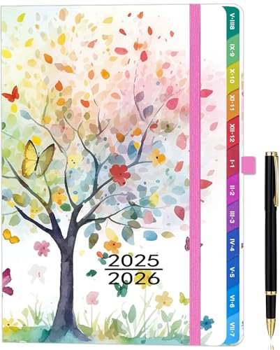 Agenda 2025-2026 Settimanale A5, Diario Settimanale e Mensile per la Scuola 2025/26, con Linguette Mensili Colorate, da Agosto 2025 a Luglio 2026, con Set di Penne e Tasca Interna - Albero della Vita