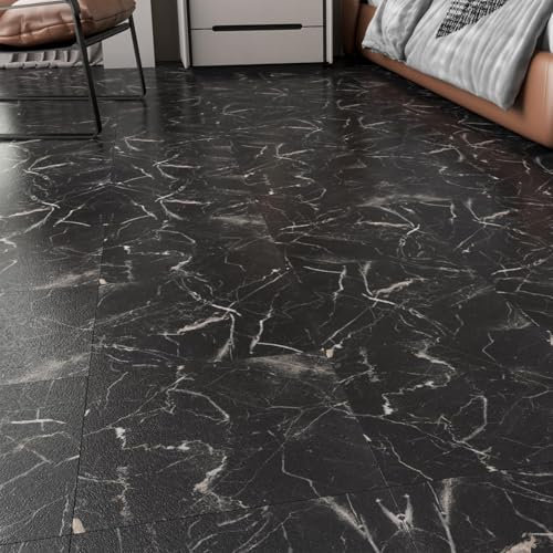 LaCheery Pavimento PVC Adesivo Effetto Marmo Nero 4 Pezzo 30cm x 30cm Pavimento Vinile Adesivo Cucina Piastrelle Adesive Pavimenti PVC Adesivi per Bagno Soggiorno Camera da Letto Interno Impermeabile