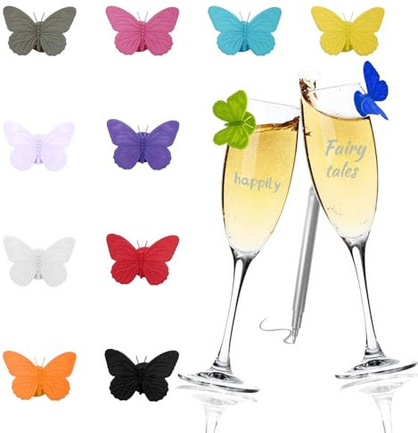 Dwafill Glasmarkierer Schmetterling, 12 Stuck Silikon Schmetterling, Gläser Unterscheiden, für Sommerpartys, Junggesellenabschiede, Hochzeitsabende, Weihnachtsfeiern, Partys