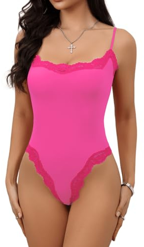 Starrylion Lace Bodysuit Square Neck Sleeveless Bodysuits Sexy Going Out Tops Hot Pink XS