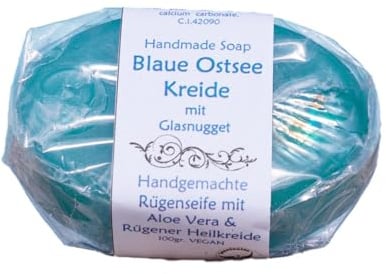 Inselseife | Seife Blaue Ostseekreide mit Glasstein | handgemacht mit Rügener Heilkreide und Aloe Vera-Öl veganer Frischeduft | 100 g Stück