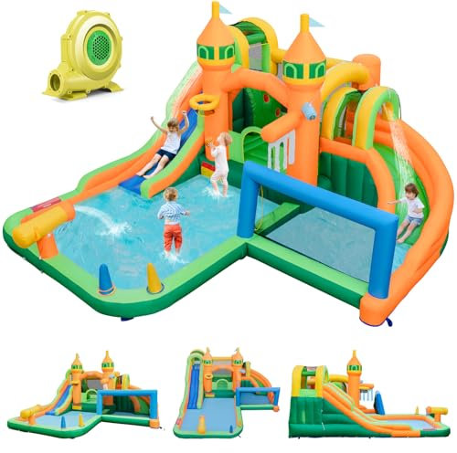 GOPLUS 9 en 1 Chateau Gonflable Enfant Exterieur avec 2 Toboggans, Piscine, Panier de Basket, Jeu de Crochets, Zone de Rebond, Canon à Eau, Mur d'escalade,Charge 90KG (Orange+Souffleur 680W)