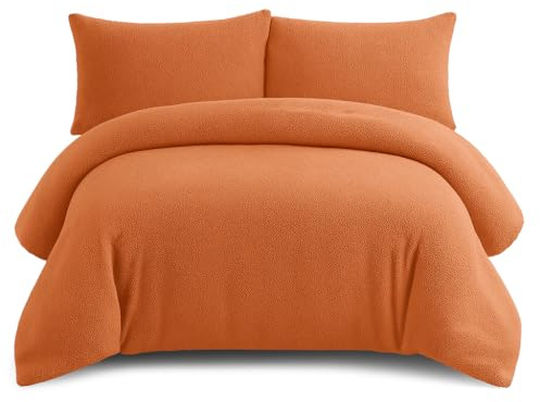 Bella Nights Teddy Bear Fleece Duvet Cover Set – Thermal Warm & Cosy Soft Fur Bedding with Pillowcases – Winter Duvet Set (Orange, Super King)