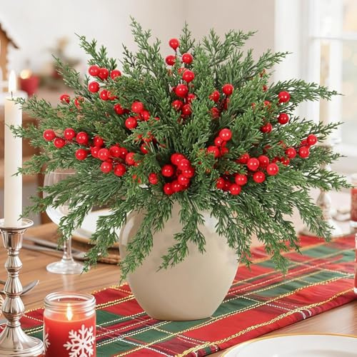 Künstliche Tannenzweige Weihnachten 40pcs Norfolk Kiefernzweige mit Beeren | Weihnachtsgrünzweige wie echt Künstliche Grüner Stiel Für Vasen Kranz Weihnachten Wohnungsdekoration