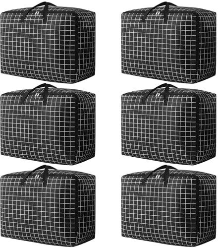 6 Pcs 105L Large Moving Bags Oxford Fabric Storage Bags with Zips, Black | Foldable Clothes Storage Containers with Lid for Moving, College Dorm, Clothes, Bedding, Blankets, Toys