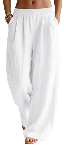 Rapbin Women Linen Trousers Summer Thin Wide Leg Trousers Breathable Palazzo Casual Cotton Pants with Side Pocket White S