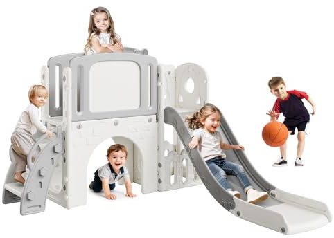8-In-1 Kinderrutsche Mit Kletterturm – Indoor & Outdoor Spielplatz Für Kinder Mit Basketballkorb, Teleskop, Tunnel Und Stauraum, Gartenspielzeug Für Garten & Hof