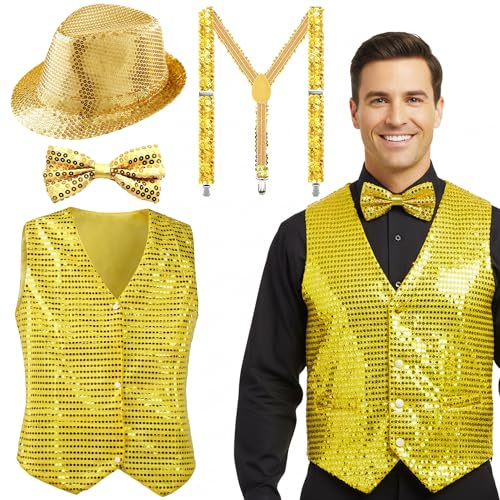 4 Stück Glitzer Outfit Herren Set - Pailletten Kostüm und Accessoires mit Weste Hosenträger Fliege Hut, Disco Kostüme für Fasching Party Karneval Mottoparty Dance Performance (Goldene, X-Large)