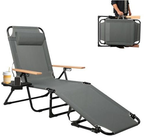 OVLRIJP Sonnenliege Klappbar mit Kopfkissen, Gartenliege Wetterfest, Klappbare Strandliege Campingliege mit Holzarmlehnen, Liegestuhl für Balkon, Garten, Pool & Strand, bis 150kg (Grau)