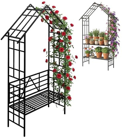 Relaxdays Rosenbogen, mit Sitzbank od. Blumenbank, Vorgarten & Garten, Rankbogen HBT: 247 x 150 x 43 cm, Metall, schwarz