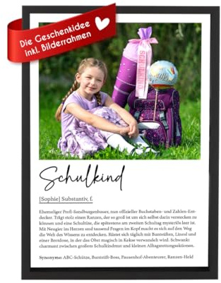 Druckhaus Bilderrahmen Personalisiertes Poster Schulkind, Einschulung, Erinnerung Ersten Schultag, Wandbild mit Foto und Text, Holz Bilderrahmen, fotogeschenk personalisiert, Einschulungs Geschenk