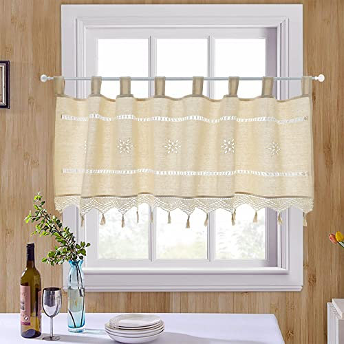 choicehot Beige Landhausstil Kurzvorhang Hohle Häkeln Küchenvorhänge Baumwolle und Leinen Bistrogardine Schiebegardinen mit Quaste (1 Stück,H38 x B152 cm)
