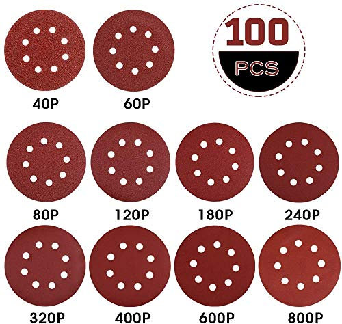 Rovtop Lot de 100 feuilles abrasives Velcro 125 mm pour ponceuse excentrique Ø 100 pièces 40/60 (10 disques par grain) 80/120/180/240(15 disques par grains) 320/400/600/800(5 disques par grain)