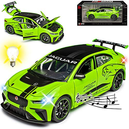 NEW Jaguar I-Pace E-Trophy Grün Ab 2018 mit Licht und Sound 1/32 Tayumo Modell Auto mit oder ohne individiuellem Wunschkennzeichen