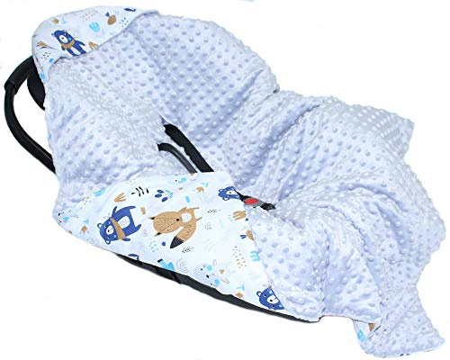 Baby Einschlagdecke MINKY-WALDTIERE- mit Kapuze 90x90 cm Babyschale Decke
