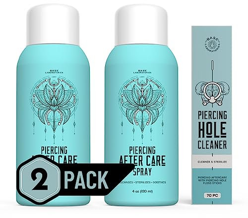 Base Labs Piercing Aftercare Spray Piercing Cleaning Solution | 240ml | Saline Solution Piercing | Cleanses & Soothes for Keloid Bumps on Ears & Nose - Saline Aftercare Spray - 2PK & 1PK (70CT)