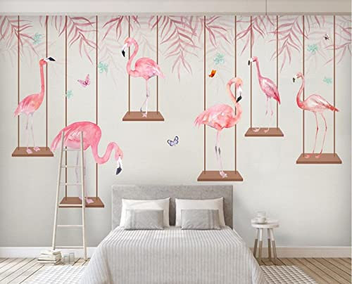 Tapeten Fototapete 3D Effekt Flamingo-Schaukel-Rosa-Blätter Wandbilder Wohnzimmer Deko Schlafzimmer Tapete Vliestapete