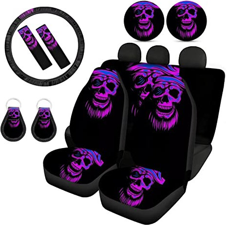 Howilath Auto-Lenkradbezug mit Totenkopf-Druck, mit Autositzbezug, Sicherheitsgurt-Pads, Schlüsselanhänger, Untersetzer-Set