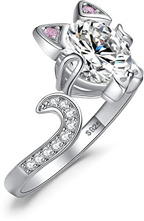 JewelryPalace Süße Katze Offen Verstellbarer Ring Damen, Statement Ring Rosa Zirkonia Stein Schmuck Set, Katzenkopf Katzenschwanz Ringe Schleife Damenring Silber 925 Frauen Geschenk, Schmuck Mädchen