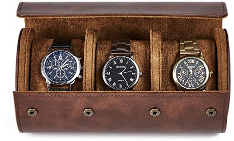 KlLHS Uhrenrolle mit 3 Fach, Uhrenbox für Unterwegs, Watch Box mit Herausnehmbaren Pads, Braun