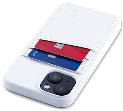 Dockem Card Case for iPhone 14 with Liquid Silicone Shell, Built-in Metal Plate for Magnetic Mounting & Stitched-on Wallet with 2 Premium Synthetic Leather Credit Card Slots (M2L, White)
