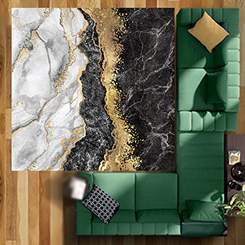 ARUGYTEI Teppich Quadratisch rutschfest waschbarer, Teppiche Orientteppich Webteppich Kurzflorteppich für Wohnzimmer Schlafzimmer Esszimmer，abstraktes Design, schwarz, weiß, golden,Black,160 x 160 cm
