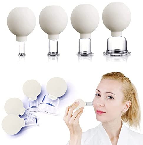 4 PCS Glass Facial Cupping Set | Silicone Vacuum Suction | Cupping Massage Therapy | A Kit For Anti Cellulite, Anti Wrinkle and Instantly Ageless Skin | For Eyes, Face and Body(White)