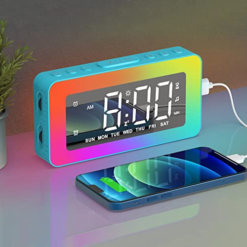AFEXOA Digitaler elektronischer Wecker mit 2 Weckern, Spiegel LED mit 8 Lichtmodi, Snooze, Schlafhilfe, Timer, mit kontinuierlichem Dimmer, USB-Ladeanschluss für Mädchen (Blau)