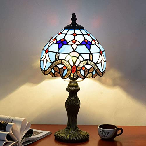 AIBOTY 8-Zoll-Vintage-Licht Tiffany-Stil Tischlampe Lila Blau Glasmalerei Und Barock-Schreibtischlampen Mit Aluminiumlegierungssockel Für Schlafzimmer-Bürobeleuchtung
