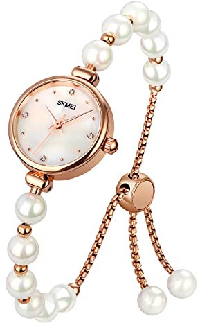 SKMEI Orologi da donna analogico al quarzo impermeabile con braccialetto in oro rosa set braccialetto perla orologio vestito, bianco