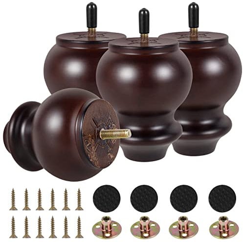4Pcs Furniture Legs Gourd Shape Wood Furniture Feet 10cm Retro Sofa Legs with Pre-Drilled 5/16 Inch Bolt & Mounting Plate & Screws for Table Cabinet Cupboard Couch Ottoman Chair(Brown)