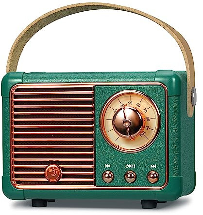 PRUNUS J-999 Mini Bluetooth Lautsprecher mit Radio FM, Retro Radio Bluetooth Speaker Wiederaufladbarer,Bluetooth 5.0/Überragend guter Klang, unterstützt USB/TF/AUX/Freisprechanrufe(Grün)