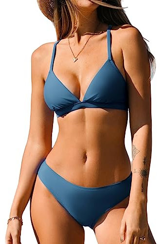 CUPSHE Damen Bikini Set Triangel V Ausschnitt Low Waist Lace Up Bademode Zweiteiliger Badeanzug Swimsuit Stahlblau XS,Stahlblau,XS