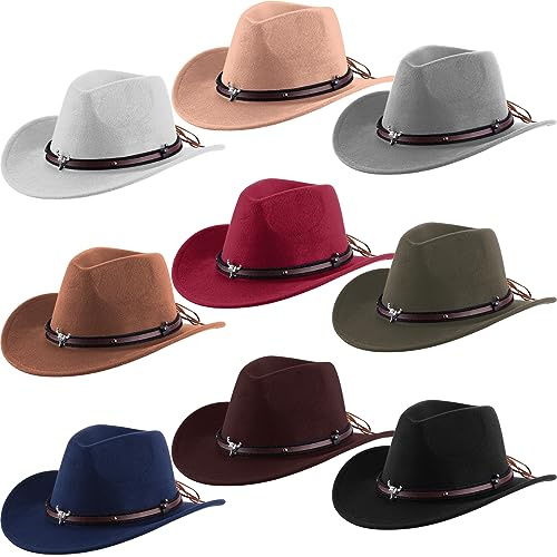 Toulite 9 Pcs Western Cowboy Hat Fur Faux Felt Hats Travel Cap with Strap for Men Women Cowgirl Party Cosplay Costume(Multi)