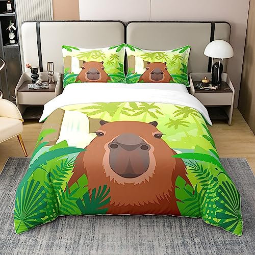 Homewish Capybara Plüschtier 100% Baumwolle Bettbezug 155x220,Lustige Capybara Bettbezug,Tropische Regenwald Tiere Dschungel Bettbezug,Grüne Palmblätter Bettwäsche Set mit 1 Kissenbezug