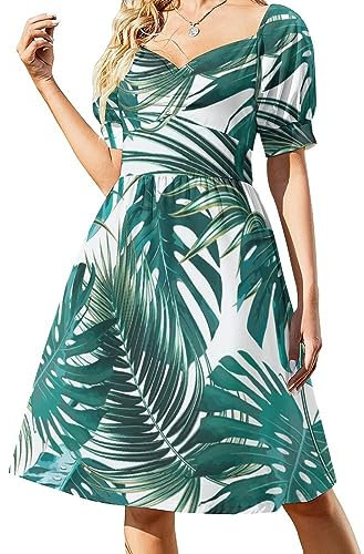 HABXNJF Damenkleid, V-Ausschnitt, Puffärmel, Palmblatt und Monstera, Sommerkleid, Damenkleider, Palmblatt und Monstera, XXX-Large