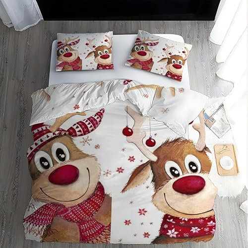 Bettwäsche 155x220 Weihnachten Microfaser Bettwäsche-Sets 3 Teilig, Weich Atmungsaktiv Bettbezüge Set Elch und 2 Kissenbezug 80x80 cm mit Reißverschluss