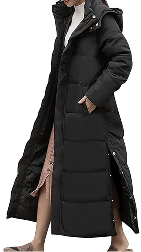DJFOG Doudoune à capuche longue pour femme, manteau chaud d'hiver rembourré, veste d'hiver monochrome, longueur cheville, veste matelassée fendue, doudoune avec col roulé,Noir,XXL