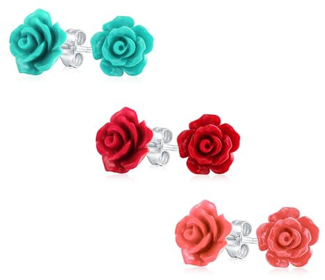 Set Di 3 Orecchini A Perno Con Fiori Di Rosa Rossa E Blu In Rilievo Delicati E Romantici In 3D Per Donne Adolescenti E Madri Placcati In Argento